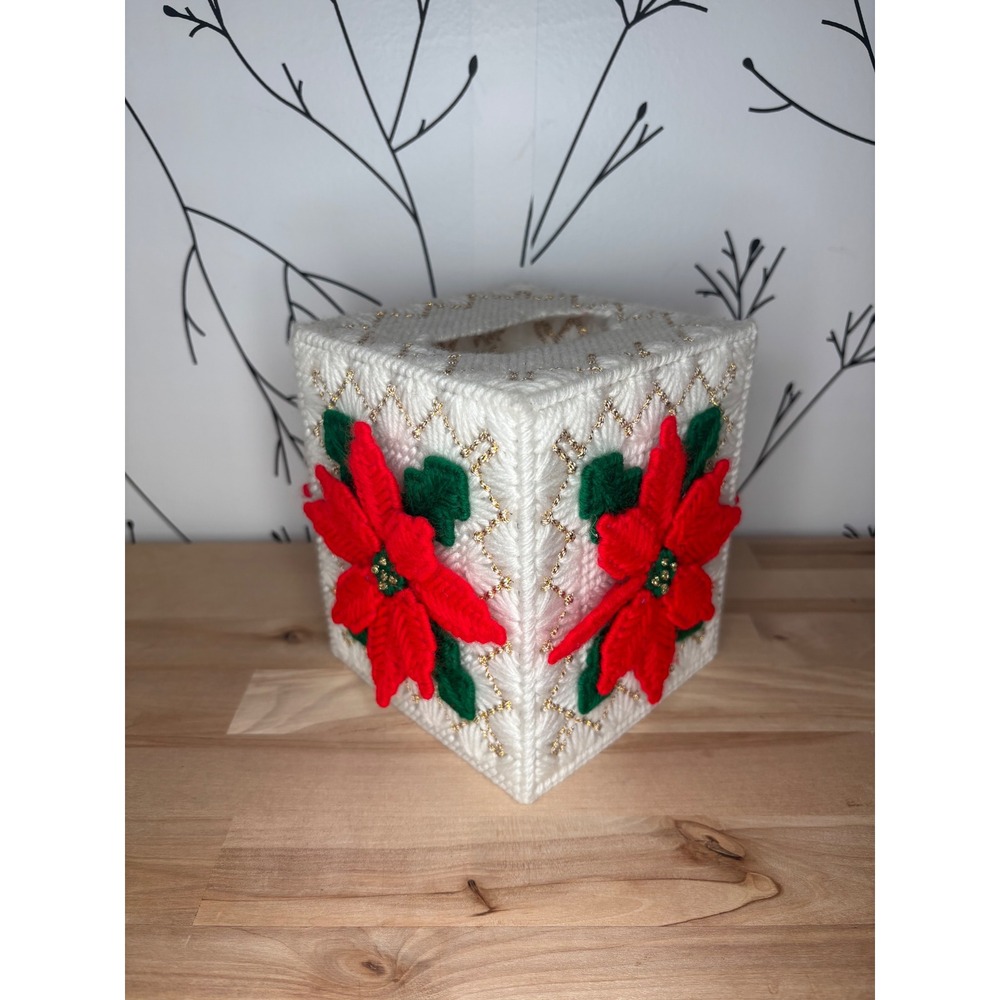 VTG Handmade Poinsettia Plastic Canvas Tissue Box Cover Christmas Decor